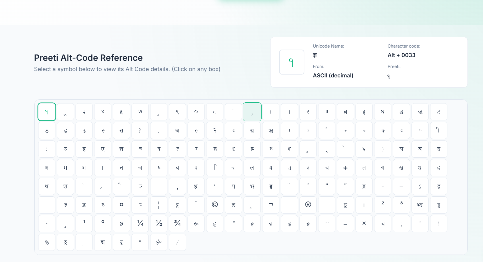 Nepali Preeti Alt Codes Reference Chart